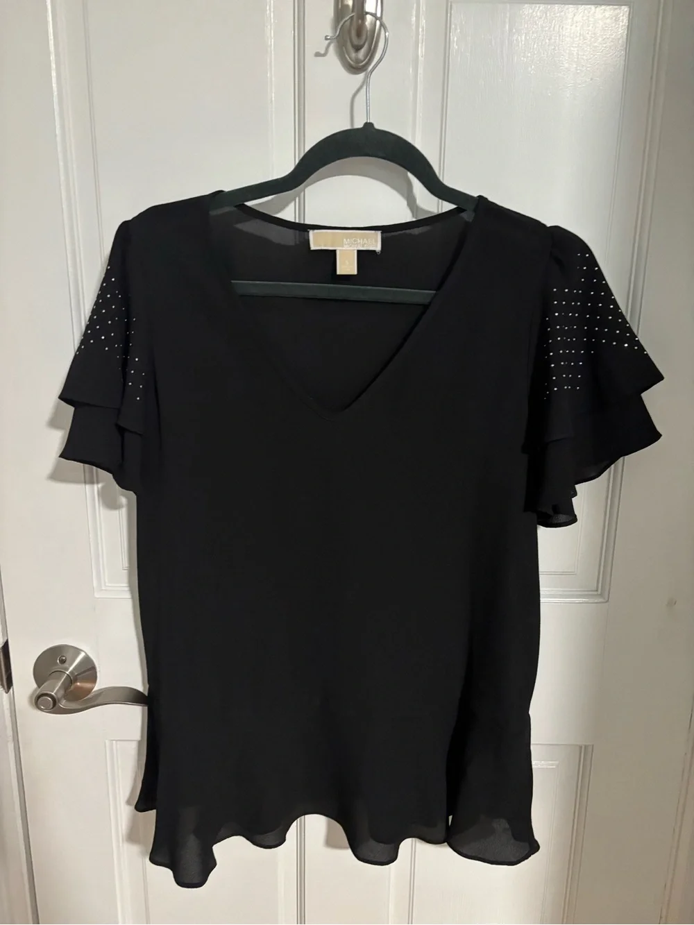 Michael Kors Black V-Neck Ruffle Sleeve Blouse with Stud Accents